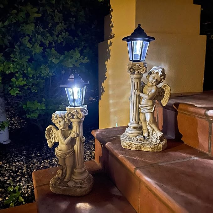 Angel Statue with Solar Lights (Left) 19.7 Inch, Outdoor Solar Angel Garden Statue with Roma Pillar for Garden Lawn Deocr, Christian Religious Gift