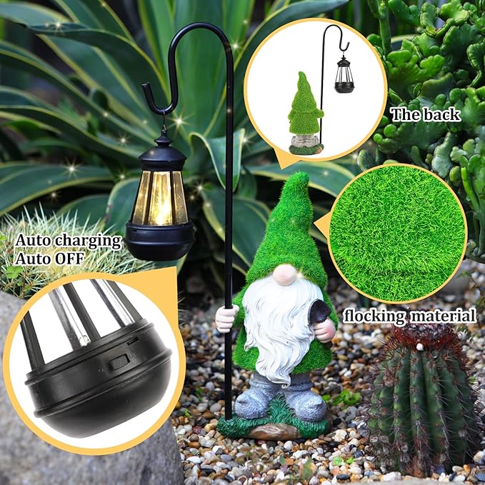 Flocked Solar Garden Gnomes Outdoor Statues-15.8”Outdoor Garden Decor-LED Outdoor Decor Light-Unique Housewarming Gifts Yard Art Sculptures for Patio Lawn Ornaments