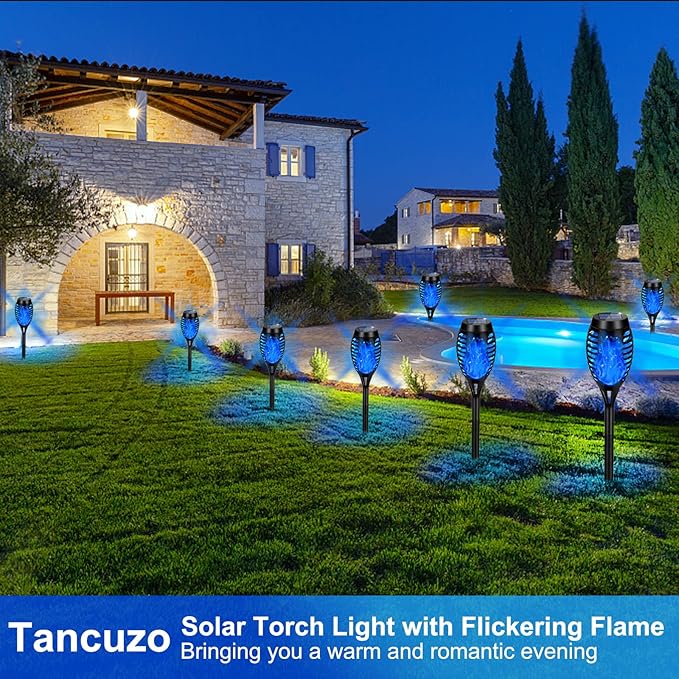 Upgraded Solar Lights Outdoor Waterproof Blue, 12 Pack Solar Torch Light with Flickering Flame, Mini Solar Outdoor Lights Solar Landscape Lights for Garden Porch Yard Pathway Decoration