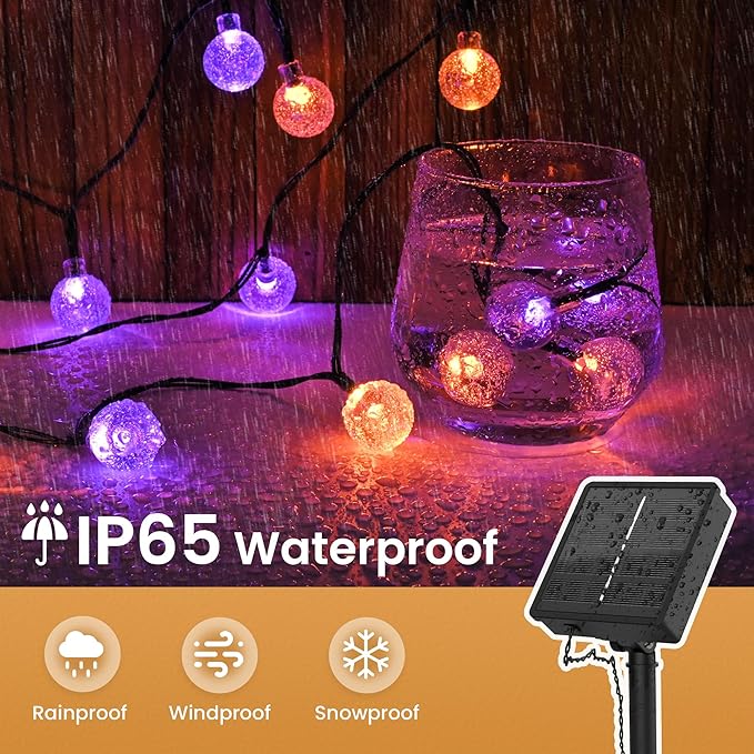 Solar Lights Outdoor Waterproof, Total 36ft 60 LEDs Crystal Globe Lights with 8 Modes, Solar String Lights for Outside, Patio Porch Garden Yard Christmas Wedding Party Decor (Purple and Orange)
