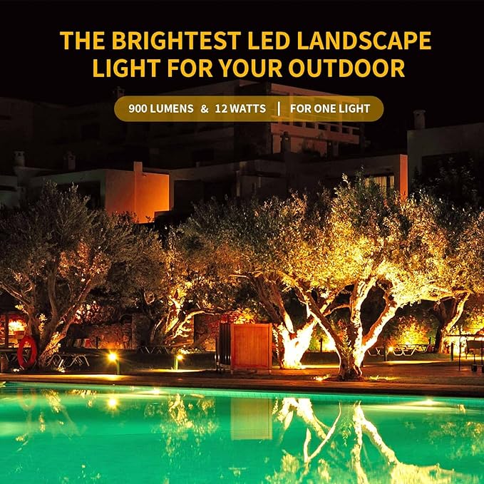 Warm White Spot Lights Outdoor, 12W 3000K Landscape Spot Lights, IP65 Waterproof Garden Lighting, Metal Case COB LED Lights for Lawn Lamp US 3- Plug Yard Christmas Decoration with Stakes(2 Pack)