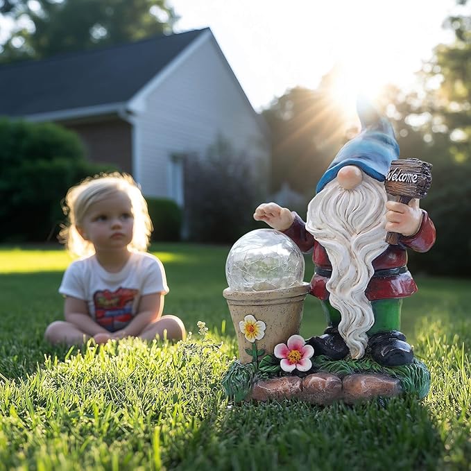 DiliComing Solar Garden Gnomes Outdoor Statues - Cute Gnome Statue with Welcome for Yard Patio Porch Lawn, Resin Gnome Figurine with Solar Light for Thanksgiving and Christmas
