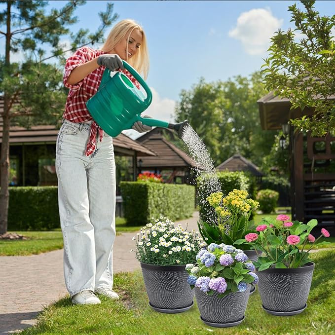 Quarut Large 12 Inch Plant Pot for Plants Outdoor Indoor, 4 Pack Plastic Flower Pots with Drainage Hole & Saucer, Modern Decorative Garden Pot with Saucer, Plant Container for House（Gray）
