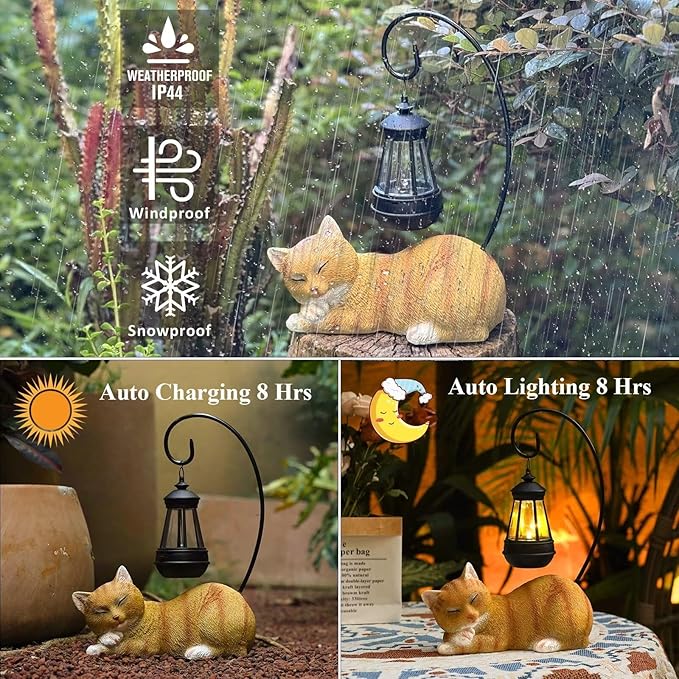 Cat Solar Garden Decor Outdoor Statues, Cat Figurine Decoration with Solar Lights Lantern, Garden Outdooe Cat Statue Decor Art for Patio, Lawn, Yard, Unique Housewarming Gift for Cat Lover and Mom