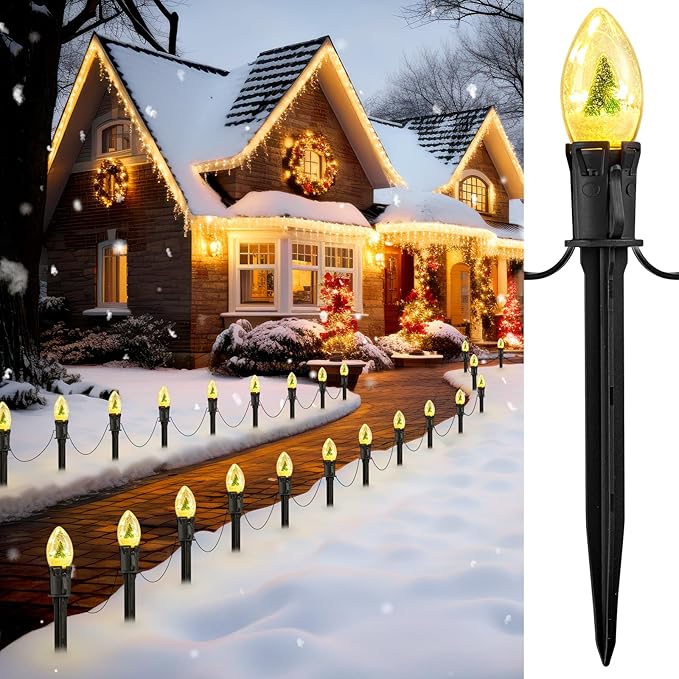 C9 Christmas Pathway Lights Outdoor, 45Ft 40 LED Christmas String Lights with Stakes, 4 Light Modes, Waterproof Connectable Christmas Decorations for Outside Lawn Yard Sidewalk Driveway, Warm White