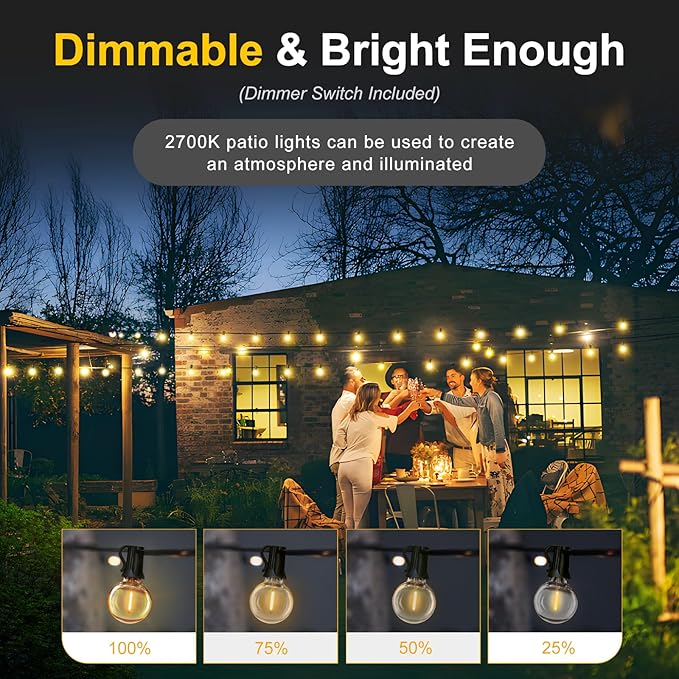 Outdoor String Lights with Dimmer, 2 Pack 98FT LED Patio Lights for Outside with 52 Shatterproof G40 Globe Bulbs UL Listed IP65 Waterproof Hanging Lighting for Backyard Balcony Bistro Party Decor