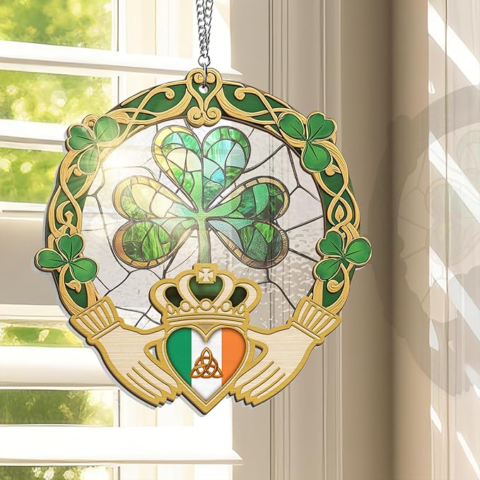 Irish Gifts, Shamrock Decorations - St Patricks Day Decor, Birthday, Christmas, Good Luck, Irish Gifts for Women Men, Claddagh, Celtic Home Decor - Window Suncatcher Hanging Decorations 12 in
