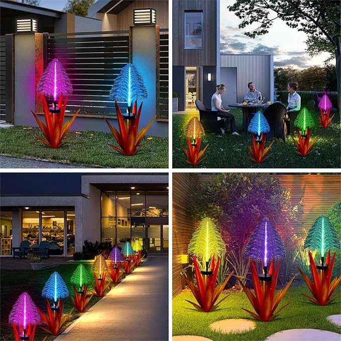 Metal Outdoor Decoration Gift Metal Agave Plants Outdoor Decor, Metal Agave Yard Art Garden Lights Solar Outdoor, 7 Color Changing Garden Yard Pathway Xmas Decor Waterproof & Solar Powerer (1pcs red)