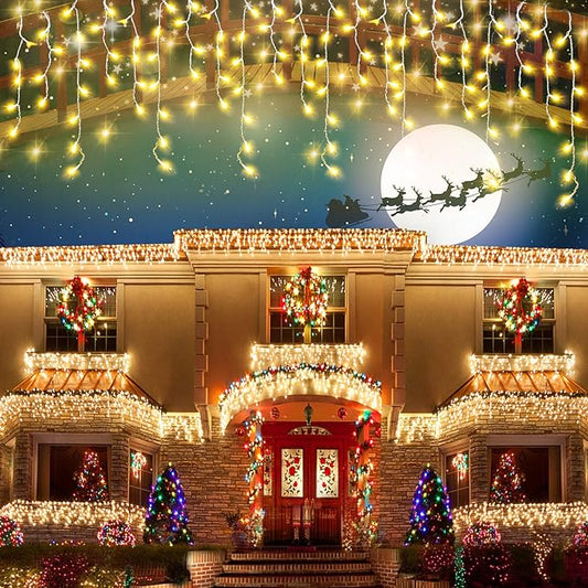 DDMY Christmas Lights Outdoor Decorations 416 LEDs 34 FT 8 Modes Curtain String Light with 78 Drops, Waterproof Clear Wire LED Light for Christmas Party Decor, House, Garden, Yard Decoration