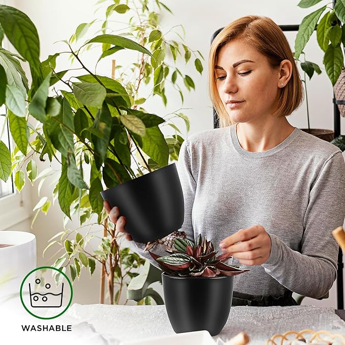 Plant Pots with Multi Drainage Holes - 10 Pieces Versatile, Sturdy Plastic, Stackable Design Home Decor Flower Pots for Indoor and Outdoor Gardening - Black