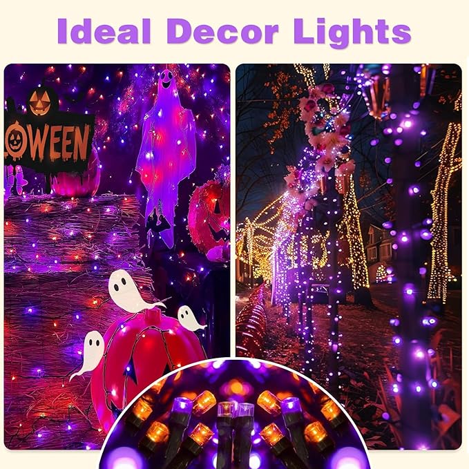 6-Pack Solar String Lights, 600 LED Extra-Long 236Ft Solar Halloween Lights Outdoor Waterproof, 8 Modes Led Halloween Lights for Garden, Patio, Wedding(Purple & Orange)