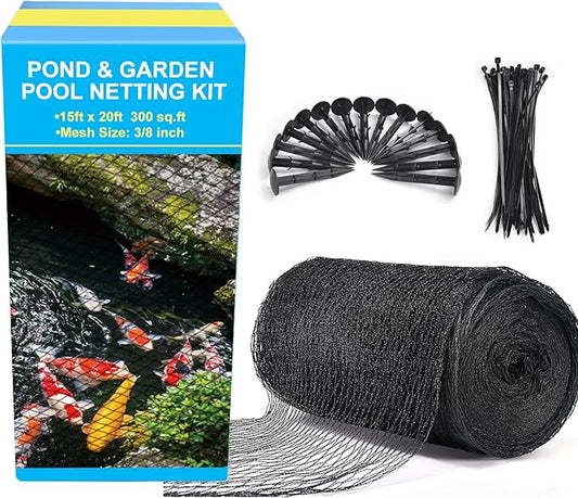 Pond Netting, 15 x 20 FT Pond Net Heavy Duty Pond Netting for Koi Ponds, Garden Pool Fine Mesh Netting Kit for Leaves, Protects Koi Fish from Birds Cats Predators, with 14 Stakes and 30 Cable Zip Ties