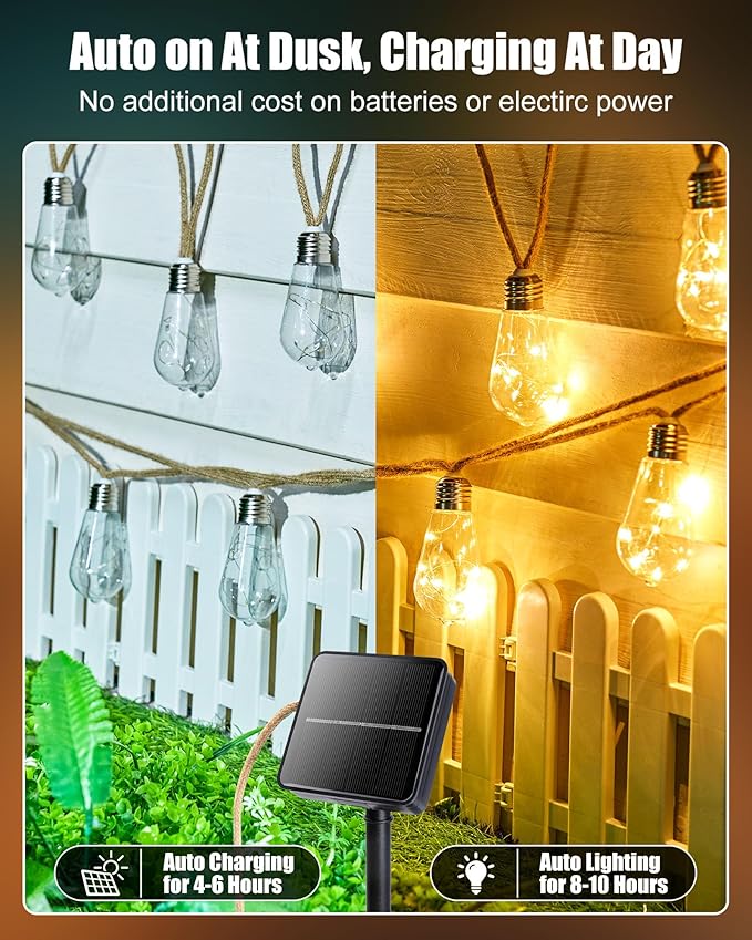 Brightown 30FT Solar String Lights Outdoor with 15 Shatterproof Bulbs, 8 Light Modes Vintage Hemp Rope LED Patio Lights, Waterproof Hanging Lights for Porch Garden Café Bistro Decor, Warm White