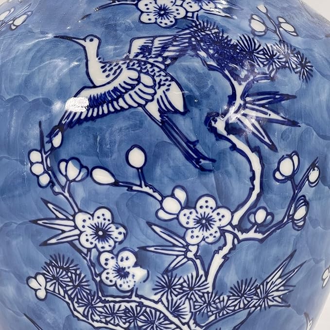 Galt International White & Blue Floral Crane Chinoiserie Ceramic Vase 14" - Hand Painted Antique Style Porcelain Bird & Flower Bottle Fishtail Porcelain Chinese Vase for Home Decor Centerpiece