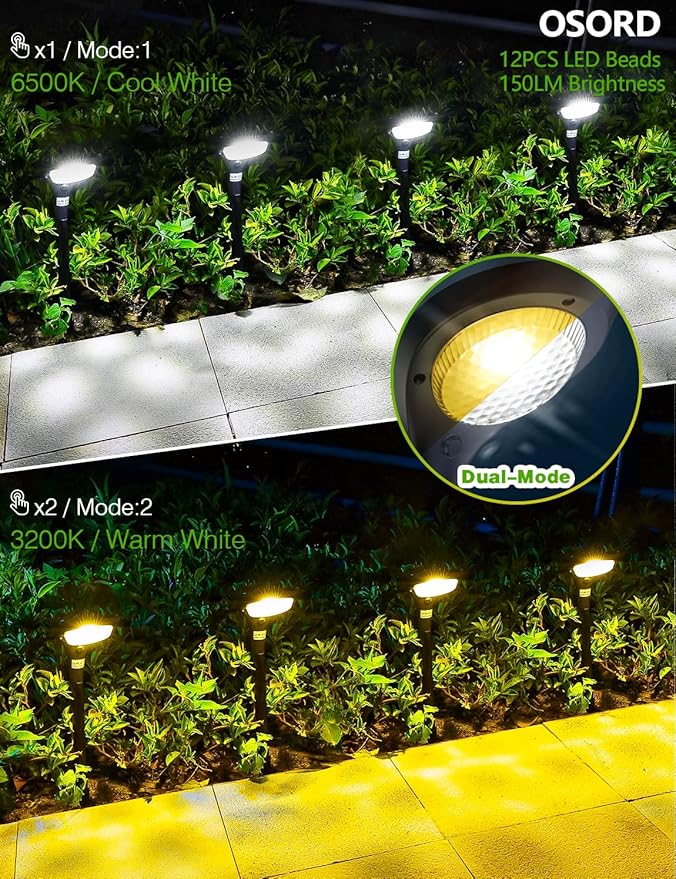 Solar Pathway Lights Waterproof - 4 Pack 150 Lumen Bright Solar Outdoor Lights with 2 Color Modes, Landscape Path Light Auto On/Off for Driveway Walkway, Garden, Yard, Porch, Patio Decor