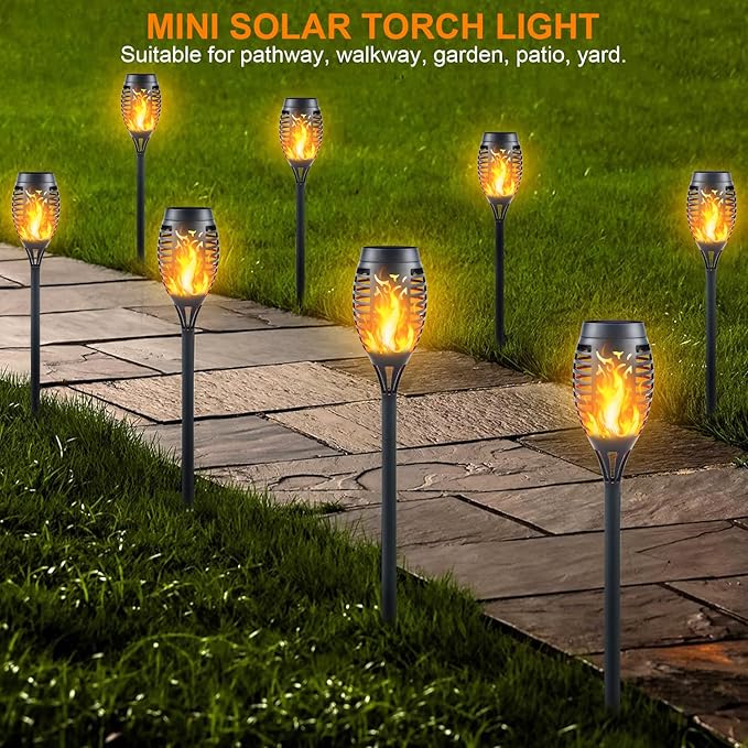 Mini Solar Tiki Torches with Flickering Flame Effect - 12LED Torch Lights Outdoor Waterproof, Perfect for Festival Decorations, Yard, Garden, Patio & Pathway Landscape Lighting (Set of 8)