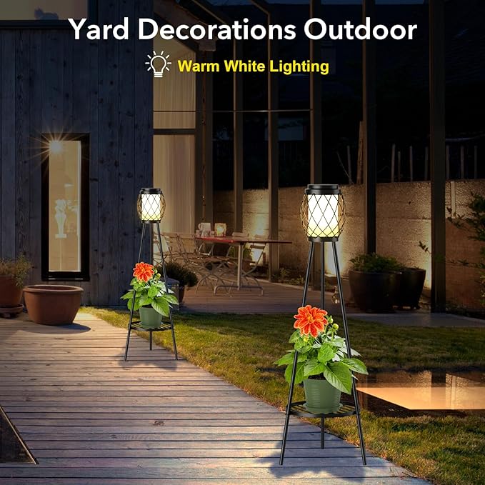 Solar Lights Outdoor with Plant Stands 2 Pack, Solar Floor Lamp Metal Tripod Patio Lights for Garden Yard Pathway Driveway Front/Back Porch Decoration