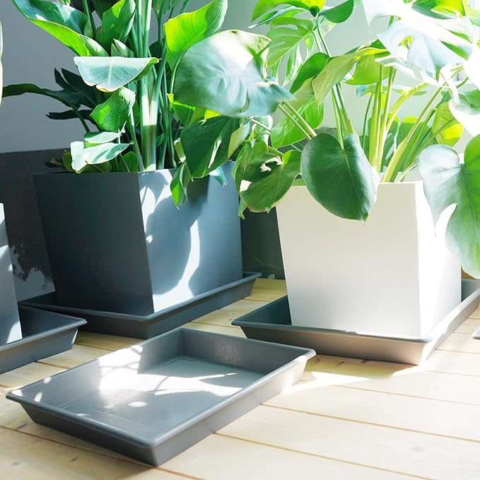 Square Plant Saucer 14 Inch 5 Pack，Plant Stand Plant Trays for Pots Heavy Duty Gray Plastic Plant Saucers for Indoors Outdoors, Flower Pot No Holes Plant Lover Gardening Gifts