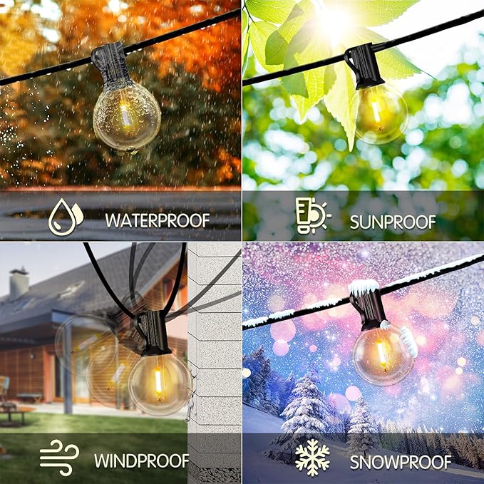 DAYBETTER 50FT Solar String Lights Outdoor Waterproof with 5W Panel Long Last for 20+Hrs&Remote,25 LED Bulbs Dimmable&Timer,Patio Lights 3 Installation-Clips,Stakes&Nails for Outside Porch Garden