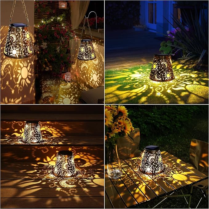 Toodour Solar Lantern Outdoor, Upgrade Hanging Solar Lights Garden Decor, Waterproof Hollow Out Retro Metal Sun & Moon Decorative Lights for Patio, Balcony, Yard, Walkway