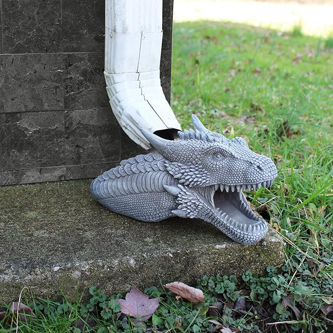 Dragon Garden Downspout Sculpture; Splash Block Anchor w/Ramp for Downspout Extension