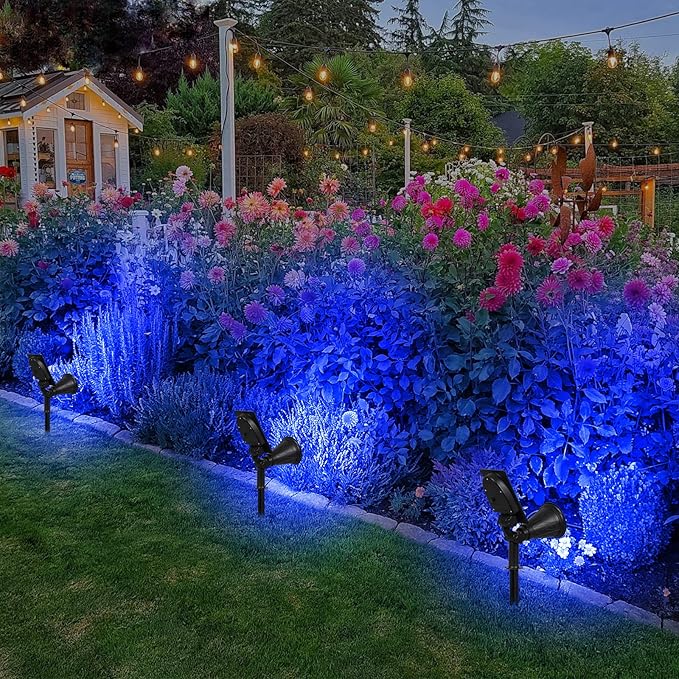 T-SUN Blue Solar Spotlights, Outdoor Waterproof Auto ON/Off Adjustable Garden Pond Lights for Tree, Patio, Yard, Driveway, Stairs, Pool Area