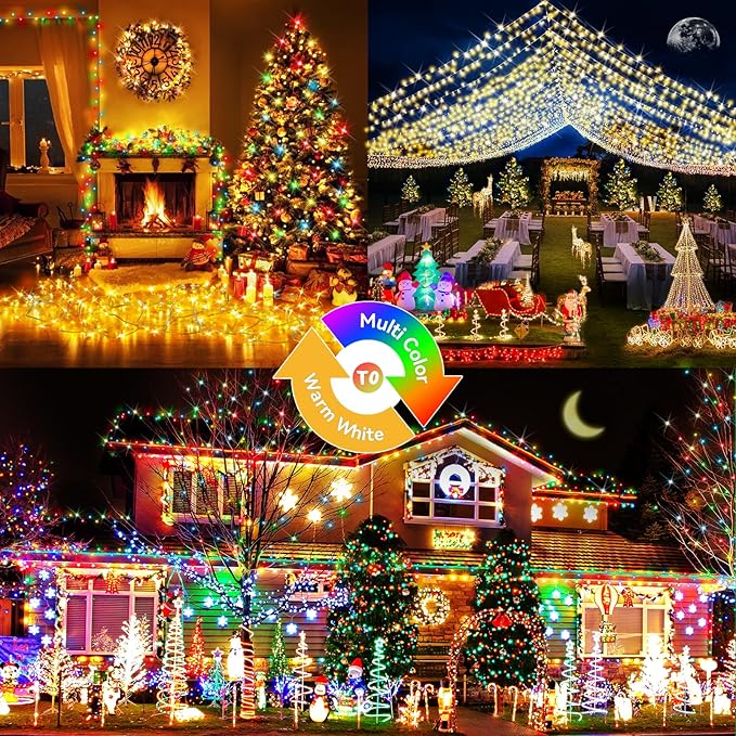 Hezbjiti 337FT 720LED Color Changing Christmas Lights Outdoor, 11 Modes String Lights IP44 Waterproof Fairy Light for Party Tree Garden Wedding Decorations (Multicolor to Warm White, Clear Wire)