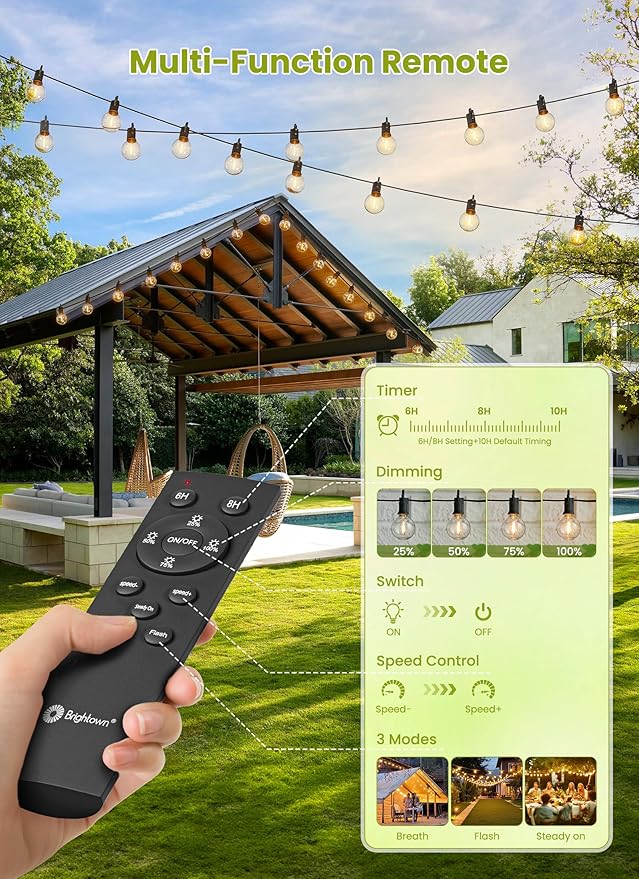 Brightown 75FT Solar String Lights Outdoor Waterproof with Remote, Solar Patio Lights with 35 Shatterproof LED Bulbs, 3 Light Mode, Dimmable & Timer, Hanging String Lights for Porch Garden Bistro
