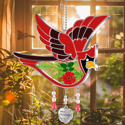 KY&BOSAM Cardinal Suncatcher Merry Christmas Hanging Ornament for Windows Sun Catchers with Pressed Real Flower in Glass and Heart Charm Birthday Gifts for Women Mom Grandma Nana Christmas Day Gifts