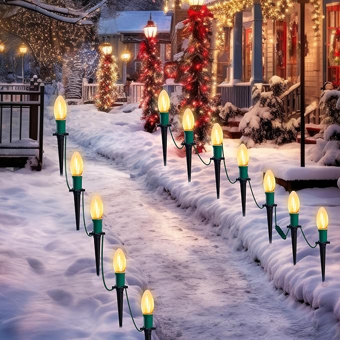 Joiedomi 30.75FT C9 Christmas Pathway Stake Lights 24 LED Jumbo Bulbs, Warm White Outdoor Walkway Decor with Green Wire Connectable for Holiday Commercial Xmas Yard Garden Lawn