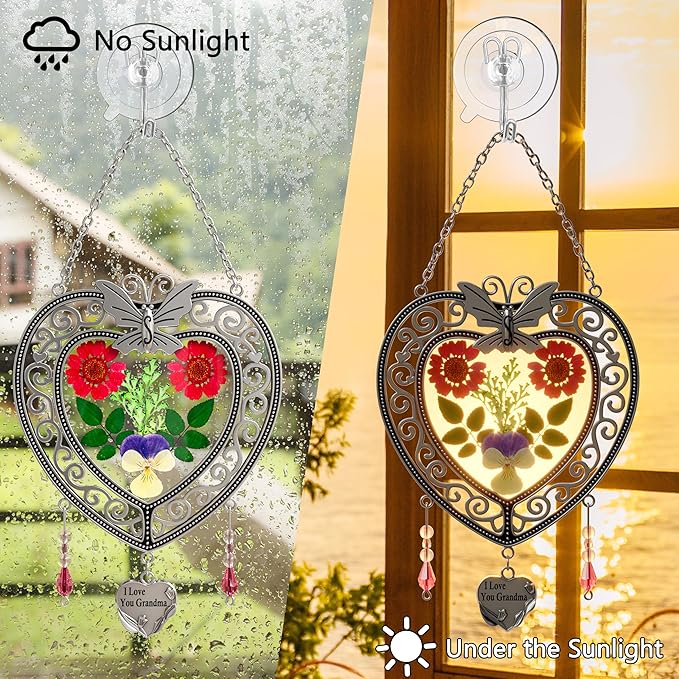 KY&BOSAM Tree of Life Heart Suncatcher I Love You Grandma Butterfly Hangings for Windows Suncatcher with Pressed Real Flower Heart and Charm Birthday Gifts for Women Mothers Day Christmas Ornament