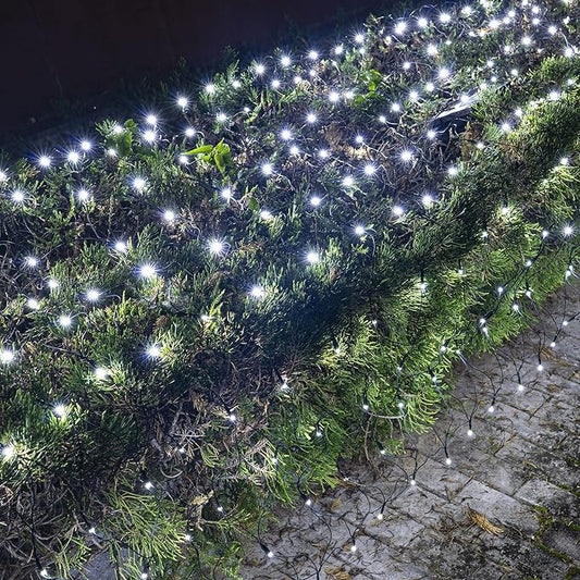 Dazzle Bright Christmas Net Lights, 360 LED 12FT x 5 FT Green Wire Waterproof Connectable String Lights with 8 Modes, Christmas Outdoor Lights for Bush Garden Party Wedding Holiday Decoration (White)