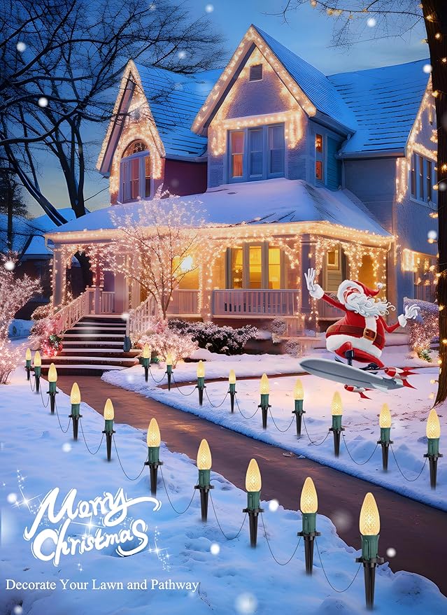 C9 Christmas Pathway Lights Outdoor, 25.7 Feet 20 LED C9 Strawberry Walkway Lights with Marker Stakes, Connectable Shatterproof C9 String Lights for Lane Outside Yard Decorations, Warm White, 4 Pack