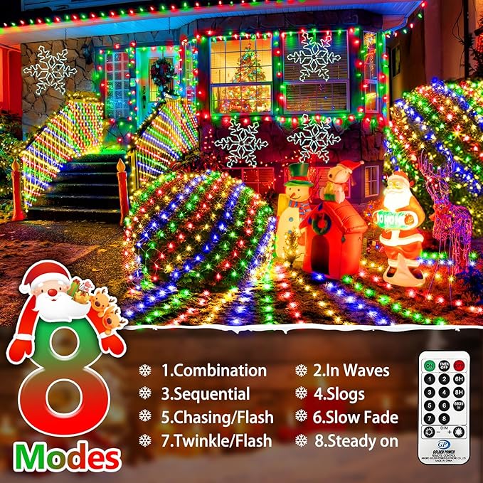 KNONEW 2-Pack 360 LEDs Christmas Net Lights 13ft x 9.8ft Outdoor Mesh Lights Connectable Waterproof 8 Modes & Timer Plug-in Net Fairy Lights for Bushes Garden Party Wedding Holiday,Multicolor