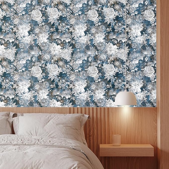 Vintage Garden Peel & Stick Floral Wallpaper - Removable White/Blue Vinyl Self Adhesive Mural - 17.7in x 19.68ft