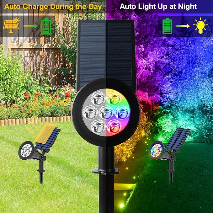 T-SUN Solar Spotlights for Outsides, Christmas Solar Lights Outdoor Waterproof, Color Changing Solar Landscape Spotlights, Auto ON/Off Solar Garden Pond Light for Yard, Trees, Driveway, Patio(4 Pack)
