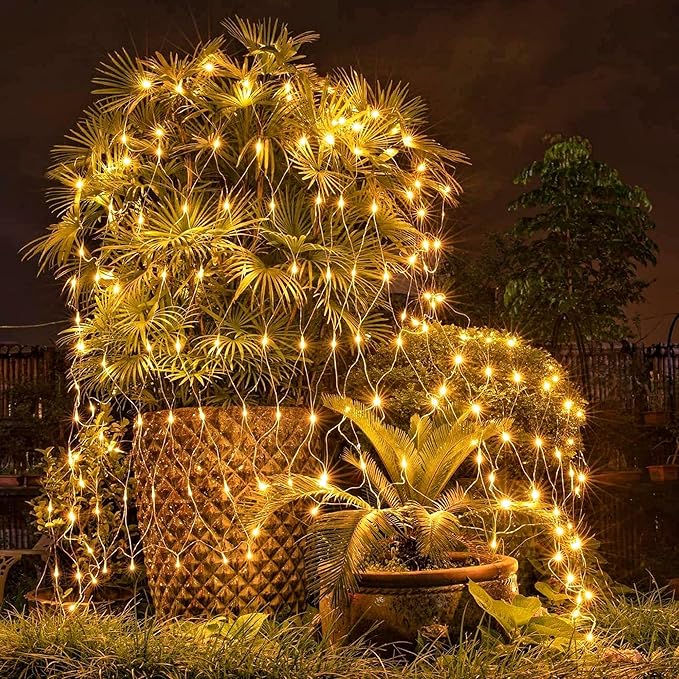 LJLNION Christmas Net Lights, 360 LED 12ft x 5ft Connectable Mesh Fairy String Lights,8 Modes Low Voltage Safe Adaptor for Xmas Trees, Bushes, Wedding, Outdoor Garden Decorations, Warm White